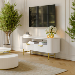 1300mm Small TV Stand with Sintered Stone Top White Media Console with Storage - thumbnail 4