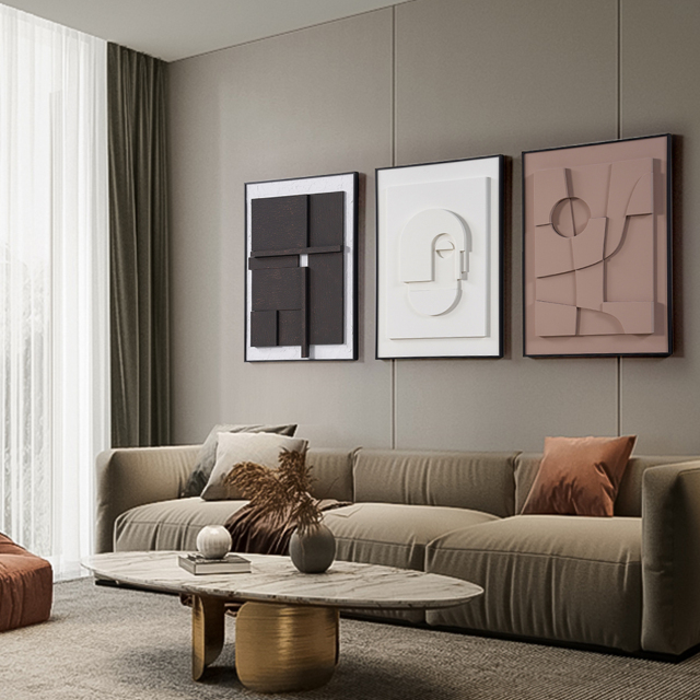 3 Pieces Japandi 3D Wall Art Painting Hanging Wall Decor Set with Black Rectangle Frame - image 1
