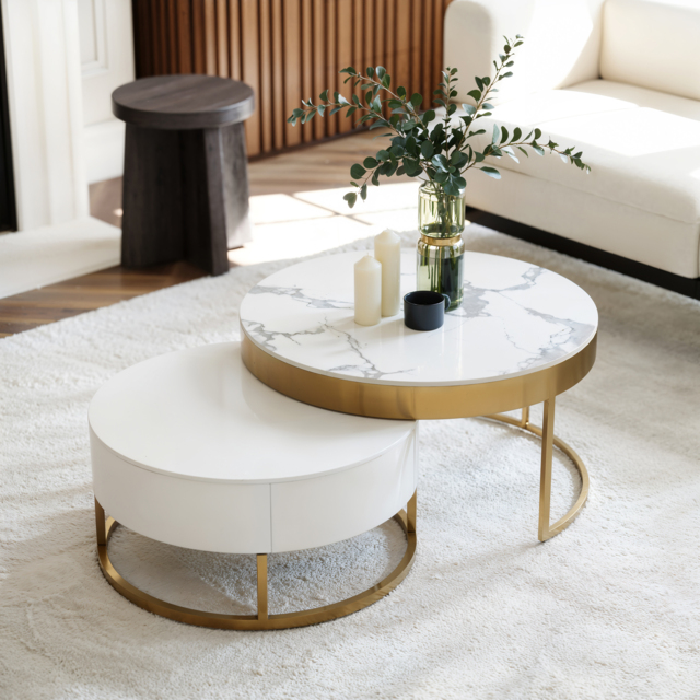 Round 2-Piece Nesting Set Sintered Stone Top Coffee Table and Wooden Coffee Table with 2 Drawers - image 1