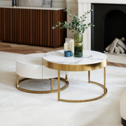 Round 2-Piece Nesting Set Sintered Stone Top Coffee Table and Wooden Coffee Table with 2 Drawers - thumbnail 2