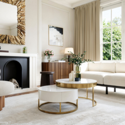 Round 2-Piece Nesting Set Sintered Stone Top Coffee Table and Wooden Coffee Table with 2 Drawers - thumbnail 5