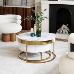 Round 2-Piece Nesting Set Sintered Stone Top Coffee Table and Wooden Coffee Table with 2 Drawers - thumbnail 3