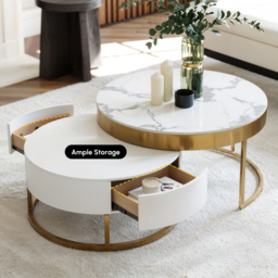 Round 2-Piece Nesting Set Sintered Stone Top Coffee Table and Wooden Coffee Table with 2 Drawers - thumbnail 6