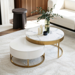 Round 2-Piece Nesting Set Sintered Stone Top Coffee Table and Wooden Coffee Table with 2 Drawers