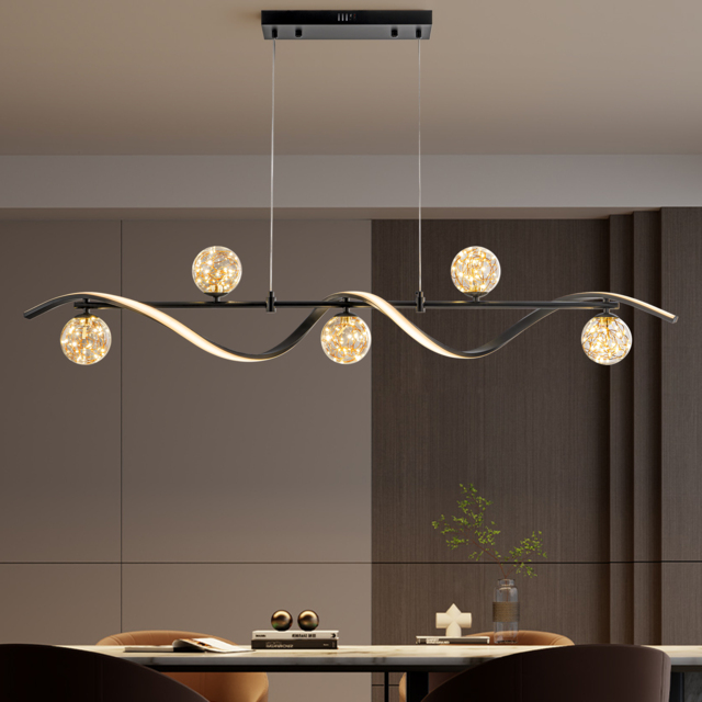 LED Linear Kitchen Island Light – 6-Light Dimmable Black Fixture with Glass Globe Shades - image 1