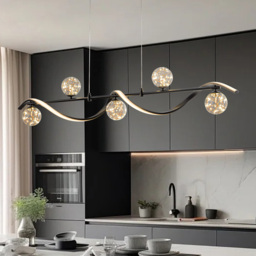 LED Linear Kitchen Island Light – 6-Light Dimmable Black Fixture with Glass Globe Shades - thumbnail 2