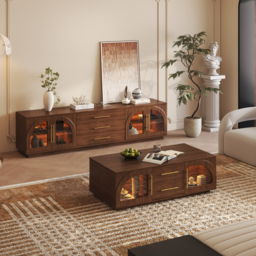 Arune 2032 mm Mid-Century Modern TV Stand Coffee Table Set with LED Lights and Arched Glass Cabinet Doors - thumbnail 2