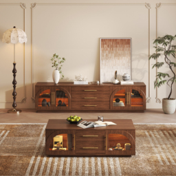 Arune 2032 mm Mid-Century Modern TV Stand Coffee Table Set with LED Lights and Arched Glass Cabinet Doors