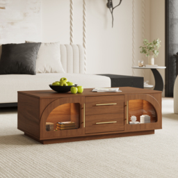 Arune 2032 mm Mid-Century Modern TV Stand Coffee Table Set with LED Lights and Arched Glass Cabinet Doors - thumbnail 8