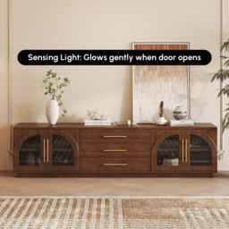 Arune 2032 mm Mid-Century Modern TV Stand Coffee Table Set with LED Lights and Arched Glass Cabinet Doors - thumbnail 3