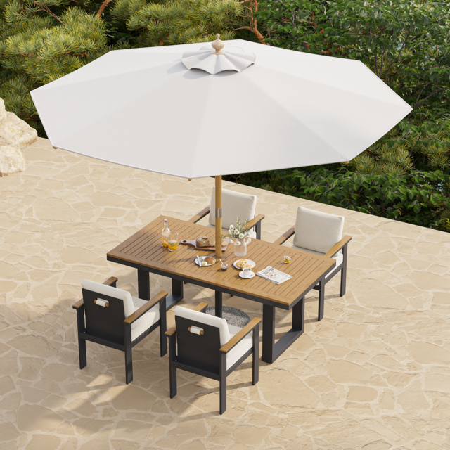 Tevara 6-Piece Rectangular Wood and Aluminium Outdoor Dining Set with Pillar Umbrella - image 1
