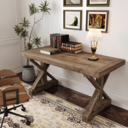 Vintage Style Pine wood Office Writing Desk with Trestle Leg in Natural Farmhouse Home Office Furniture Rectangular (180 cm)