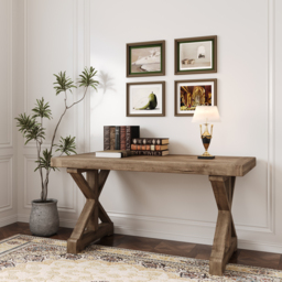 Vintage Style Pine wood Office Writing Desk with Trestle Leg in Natural Farmhouse Home Office Furniture Rectangular (180 cm) - thumbnail 3