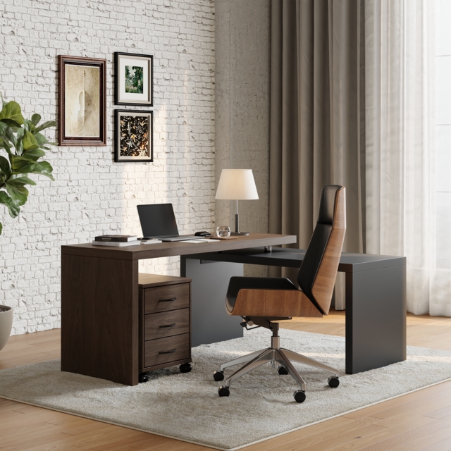 Modern L Shaped Executive Office Desk with with Movable File Cabinet Black & Walnut Swivel Desk Office Furniture (150 cm ) - image 1