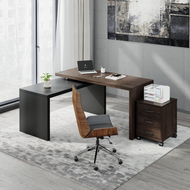 Modern L Shaped Executive Office Desk with with Movable File Cabinet Black & Walnut Swivel Desk Office Furniture (150 cm ) - image 1