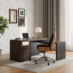 Modern L Shaped Executive Office Desk with with Movable File Cabinet Black & Walnut Swivel Desk Office Furniture (150 cm ) - thumbnail 1
