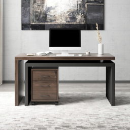 Modern L Shaped Executive Office Desk with with Movable File Cabinet Black & Walnut Swivel Desk Office Furniture (150 cm ) - thumbnail 2