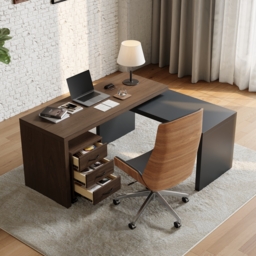 Modern L Shaped Executive Office Desk with with Movable File Cabinet Black & Walnut Swivel Desk Office Furniture (150 cm ) - thumbnail 4