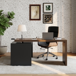 Modern L Shaped Executive Office Desk with with Movable File Cabinet Black & Walnut Swivel Desk Office Furniture (150 cm ) - thumbnail 2