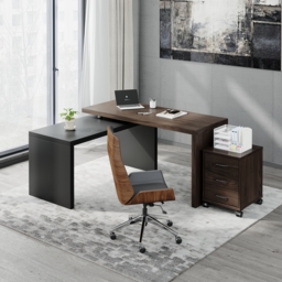 Modern L Shaped Executive Office Desk with with Movable File Cabinet Black & Walnut Swivel Desk Office Furniture (150 cm )