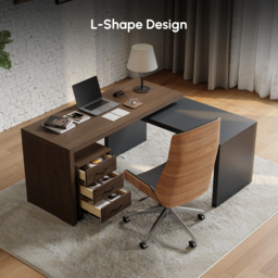 Modern L Shaped Executive Office Desk with with Movable File Cabinet Black & Walnut Swivel Desk Office Furniture (150 cm ) - thumbnail 8