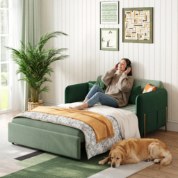 Green Daybed with Trundle Full Size Loveseat Pull Out Sleeper Sofa Couch - thumbnail 3