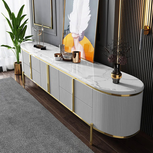 Gline Modern Oval TV Stand White Marble Top with Drawers & Storage for 2159mm TV - image 1