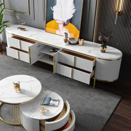 Gline Modern Oval TV Stand White Marble Top with Drawers & Storage for 2159mm TV - thumbnail 4