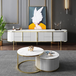 Gline Modern Oval TV Stand White Marble Top with Drawers & Storage for 2159mm TV - thumbnail 5