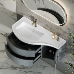 Floating Curved Bathroom Vanity Wall Mounted Half-Circle Bathroom Cabinet - thumbnail 2