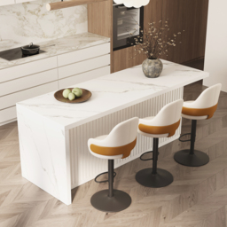 1830mm Large White Kitchen Island & 3 White Velvet Swivel Bar Stools Set Adjustable