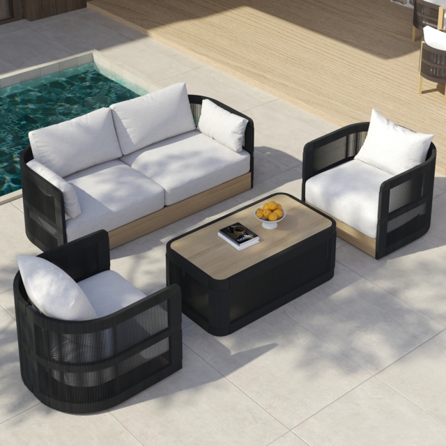Costra 4 PCS Modern Aluminium & Rope Outdoor Swivel Sofa Set with Coffee Table in Black for 4 People, Modern Wood Outdoor & Yard Rope Sofa Set - image 1