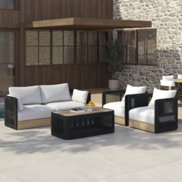 Costra 4 PCS Modern Aluminium & Rope Outdoor Swivel Sofa Set with Coffee Table in Black for 4 People, Modern Wood Outdoor & Yard Rope Sofa Set - thumbnail 3