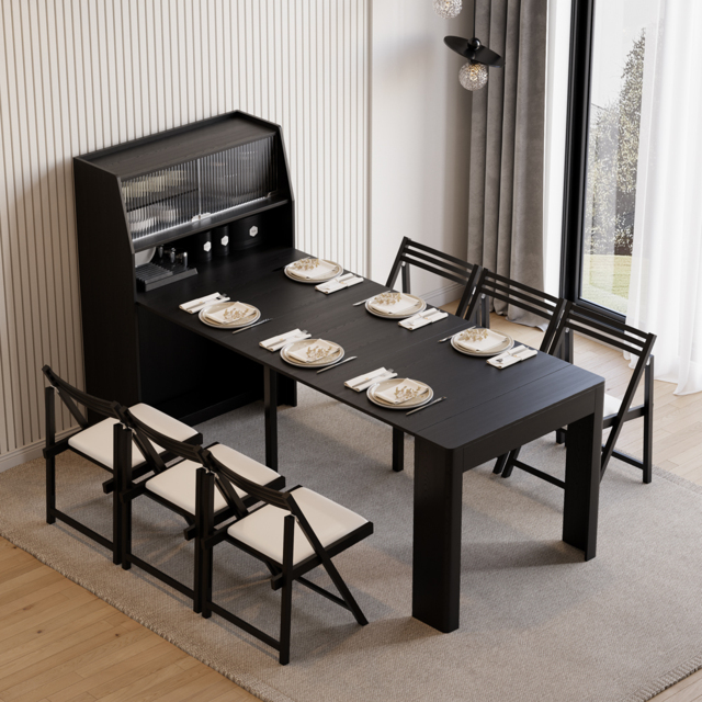 Modern Extendable Black Dining Table with Storage Rectangle Sideboard Glass Door - image 1