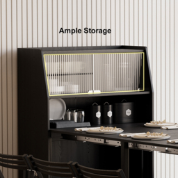 Modern Extendable Black Dining Table with Storage Rectangle Sideboard Glass Door - thumbnail 4
