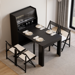 Modern Extendable Black Dining Table with Storage Rectangle Sideboard Glass Door - thumbnail 7