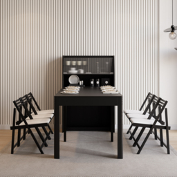 Modern Extendable Black Dining Table with Storage Rectangle Sideboard Glass Door - thumbnail 8