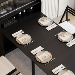 Modern Extendable Black Dining Table with Storage Rectangle Sideboard Glass Door - thumbnail 9