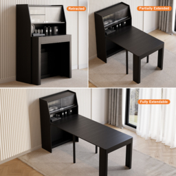 Modern Extendable Black Dining Table with Storage Rectangle Sideboard Glass Door - thumbnail 3