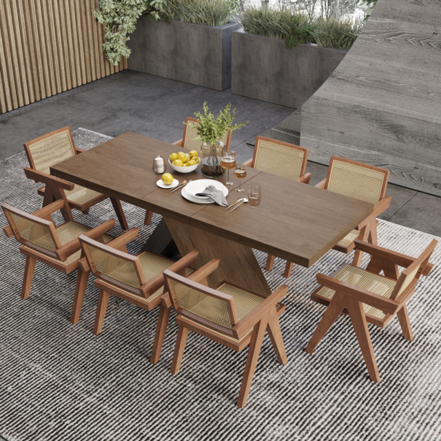 "Dining Table Set 61""-79"" Rectangle Extendable Dining Table & 8 Archic Japandi Rattan Dining Chairs" - image 1