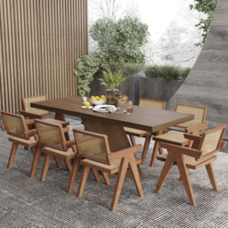 "Dining Table Set 61""-79"" Rectangle Extendable Dining Table & 8 Archic Japandi Rattan Dining Chairs" - thumbnail 2
