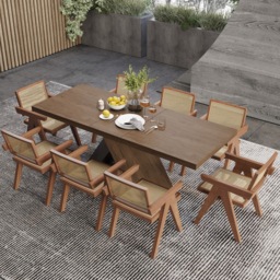 "Dining Table Set 61""-79"" Rectangle Extendable Dining Table & 8 Archic Japandi Rattan Dining Chairs"