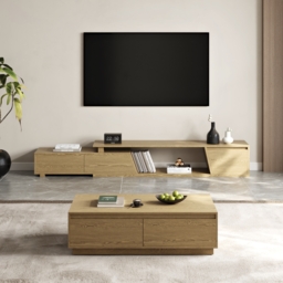 1200mm Mid Century Modern Natural Coffee Table Rectangular Block Living Room Table with Storage - thumbnail 2
