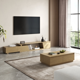 1200mm Mid Century Modern Natural Coffee Table Rectangular Block Living Room Table with Storage - thumbnail 4
