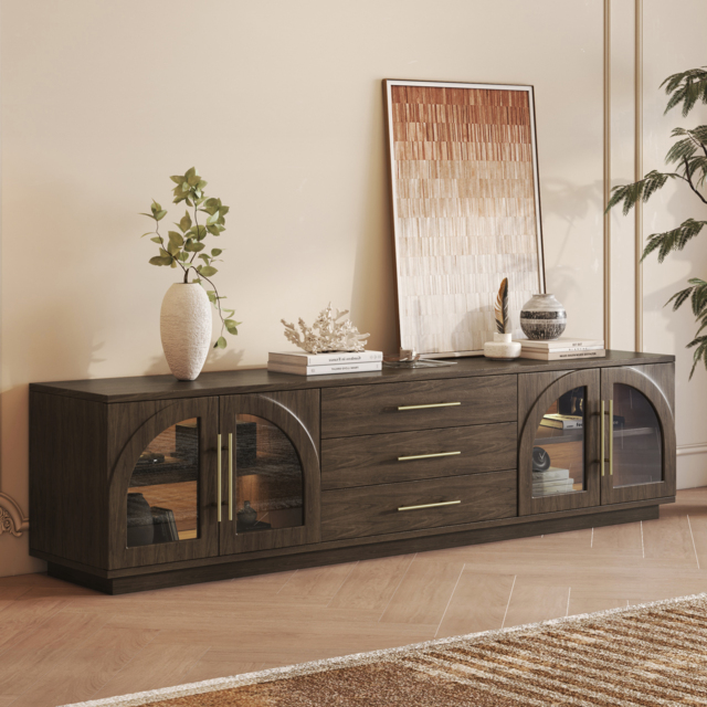 Arune 200 cm Arched Glass Doors Smoked Brown TV Stand with Storage and LED - image 1