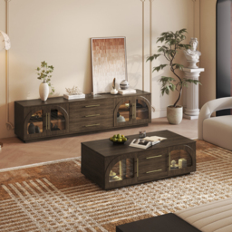 Arune 200 cm Arched Glass Doors Smoked Brown TV Stand with Storage and LED - thumbnail 4