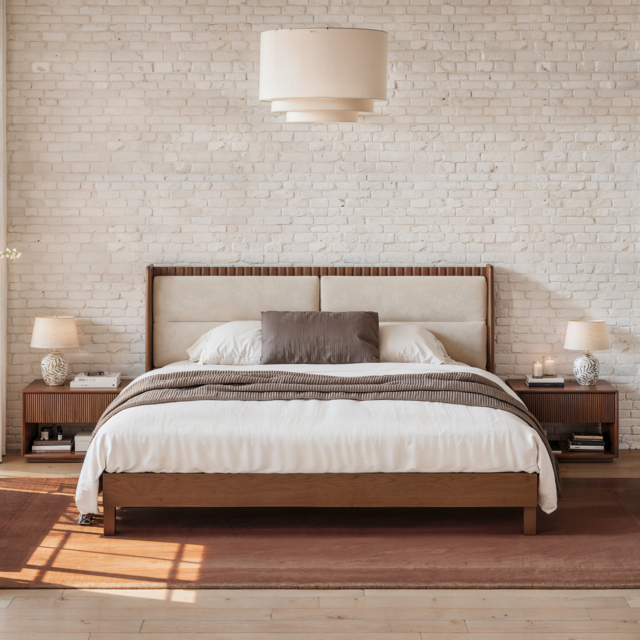 Walnut Super King Size Bed Solid Wood with Fluted Boucle Headboard Pillows Modern Bed Frame - image 1