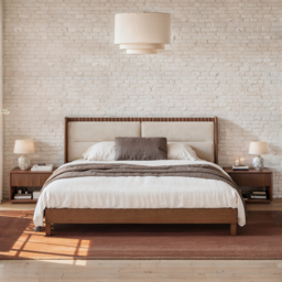 Walnut Super King Size Bed Solid Wood with Fluted Boucle Headboard Pillows Modern Bed Frame