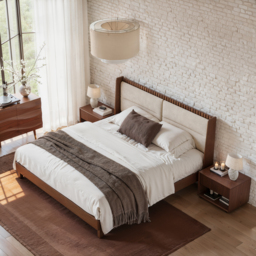 Walnut Super King Size Bed Solid Wood with Fluted Boucle Headboard Pillows Modern Bed Frame - thumbnail 3