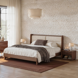 Walnut Super King Size Bed Solid Wood with Fluted Boucle Headboard Pillows Modern Bed Frame - thumbnail 2